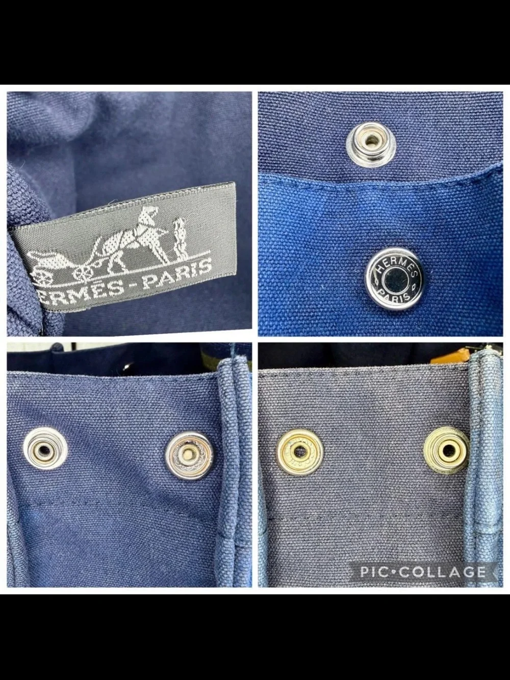 Hermes Navy Canvas Tote with Olive-Trim Straps